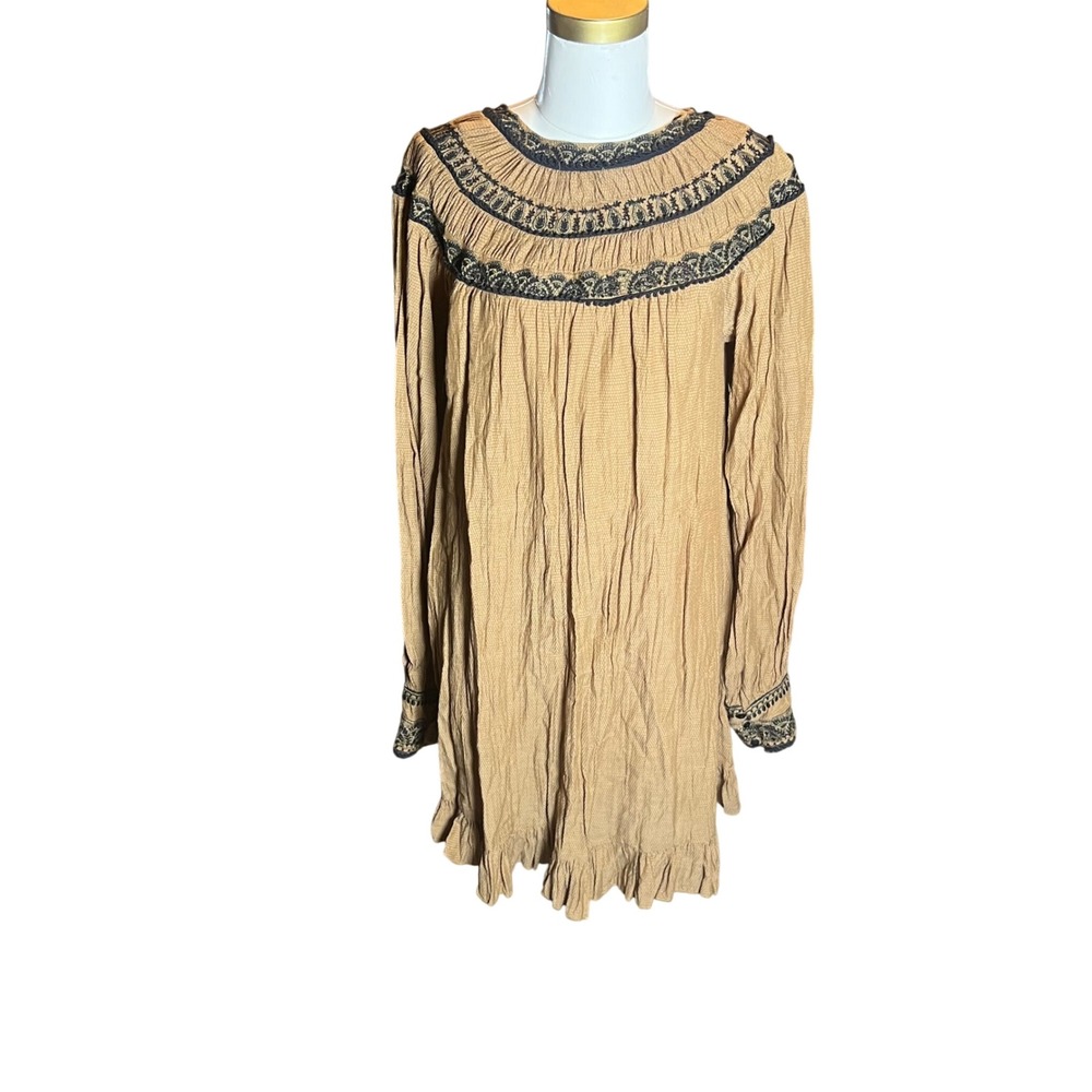 Free People Tan Embroidered Boho Mini Dress Long Sleeve Tassel Keyhole Womens L